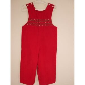 Claire & Charlie Red Corduroy Smocked Christmas Long Overalls Kids Size 2T VTG